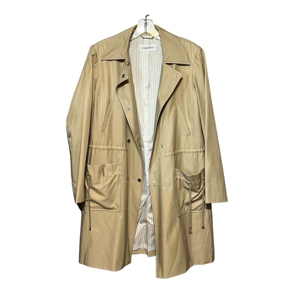 Calvin Klein Double Breasted Snap Button Utility Rain Trench Coat Tan Large